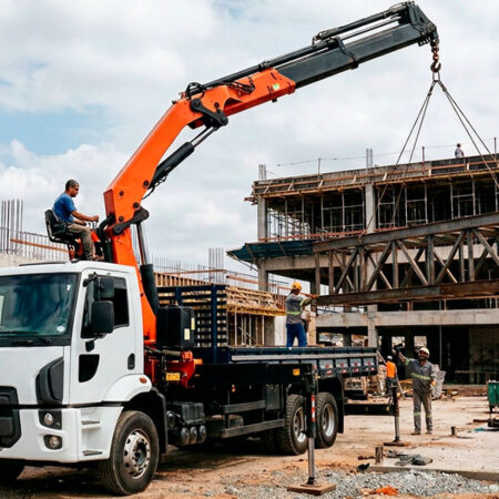Caminhão munck em obra de construção
