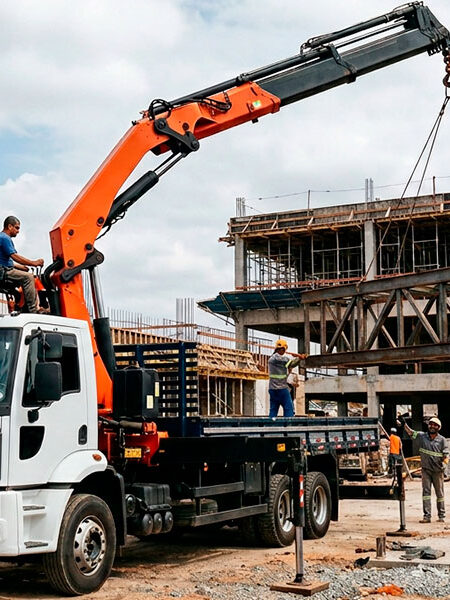 Caminhão munck em obra de construção