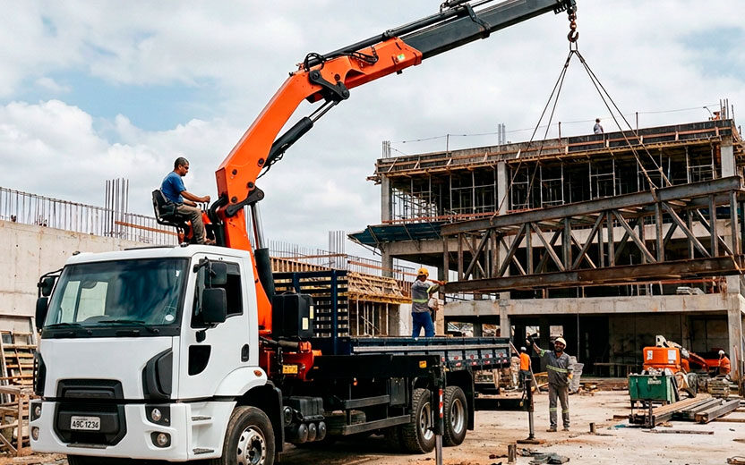 Caminhão munck em obra de construção