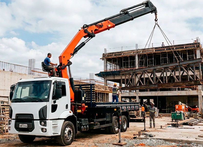 Caminhão munck em obra de construção